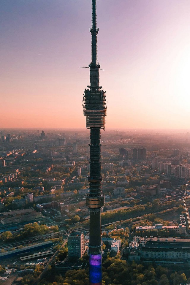 Aerial view of a television tower, a tall free-standing structure, view over Moscow