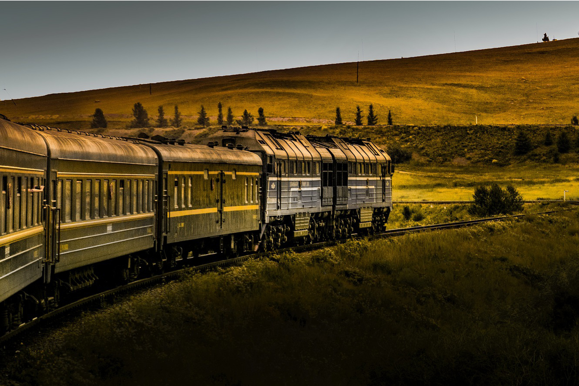 A train on the way in beautiful landscape, green fields