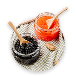 Two jars with caviar, black sturgeon caviar and red salmon caviar