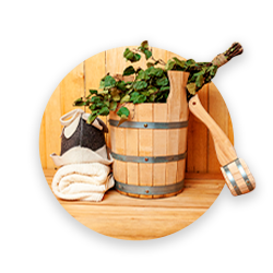 Things for sauna: wooden barrel, hat, towel