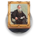 A portrait of an old bearded man, a portrait of famous Russian writer Lev Tolstoy in a golden frame
