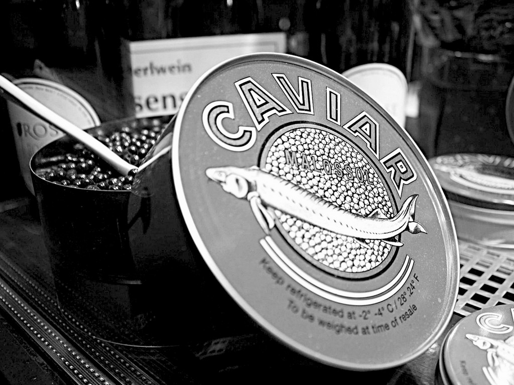 A can of black caviar with a sign “caviar” and sturgeon fish on the can.