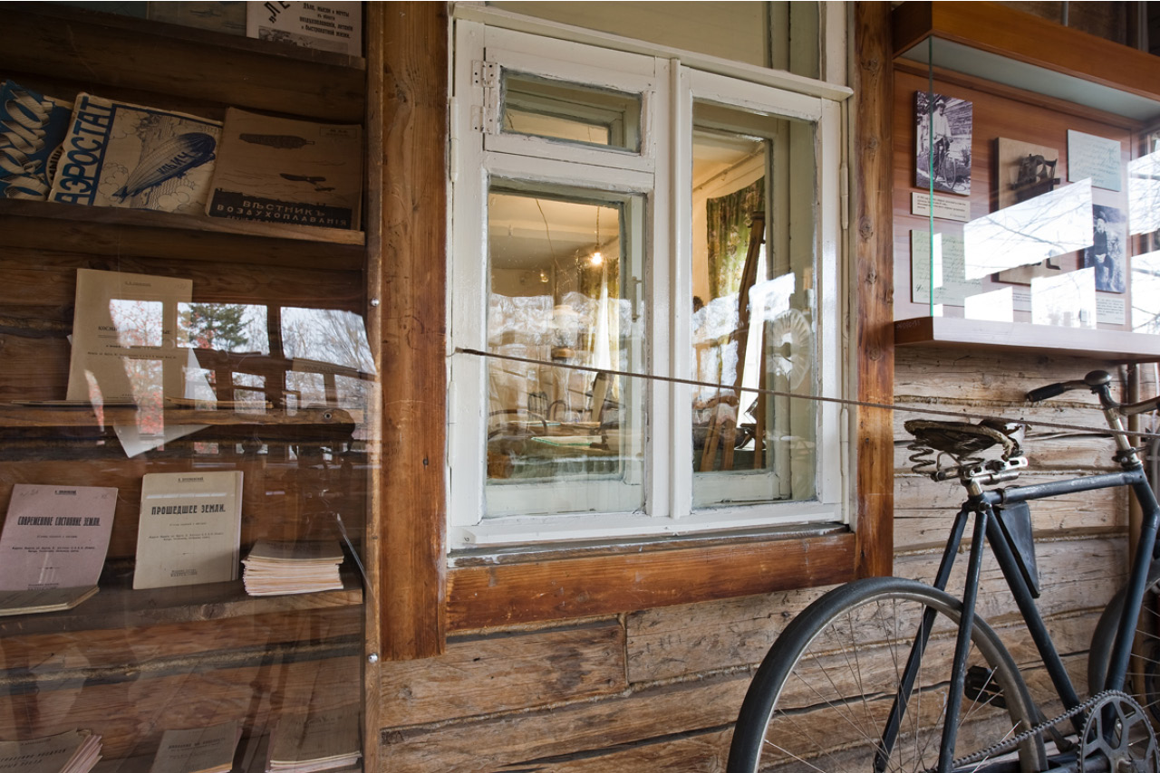 Veranda of a Russian wooden house, a bicycle, a room in a house-museum