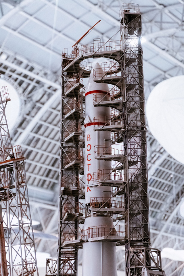 A model of a Russian space rocket inside of a building