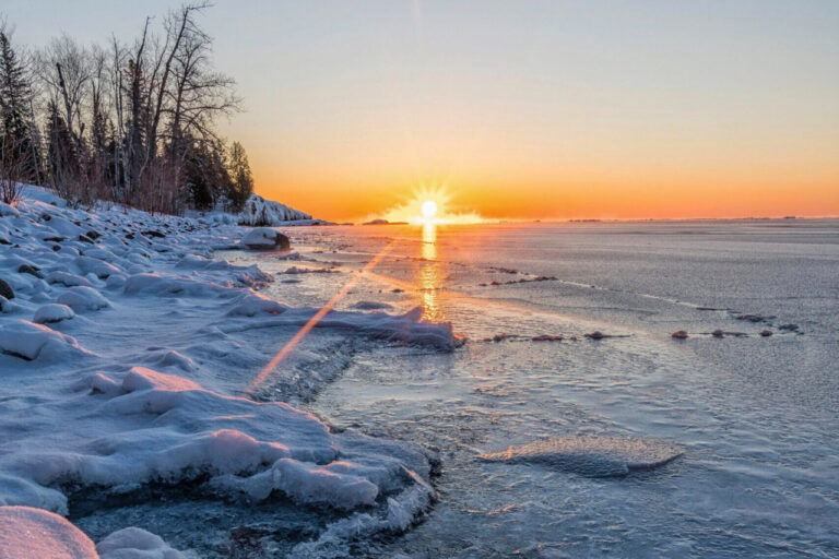 Frozen seashore in winter and sun