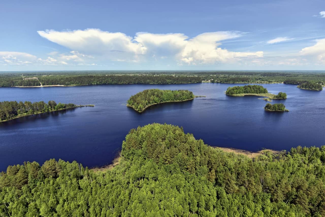 Lake in Russia with tiny green islands