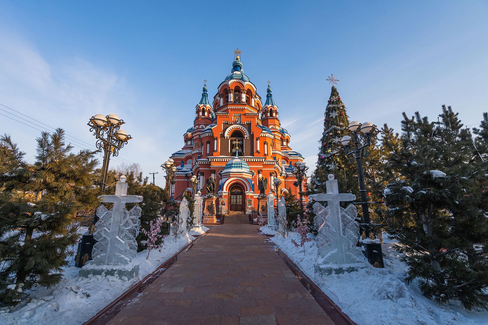 Kazan Orthodox church Icon of the Mother of God in  city center of Irkutsk in winter season, Russia, Siberia, Asia