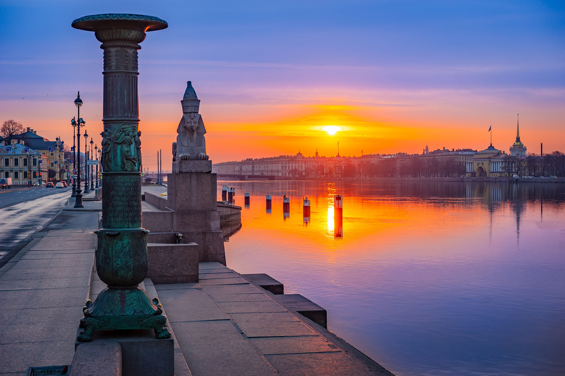 St. Petersburg. View of Peter. Russian Federation. Cities of Russia. Sunrise over St. Petersburg. Neva River. Sphinx on the embankment of Petersburg.