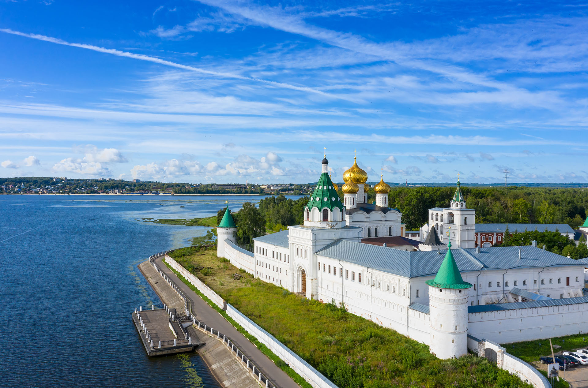 Aerial view of famous Ipatievsky (Hypatian) Monastery in ancient touristic town Kostroma, Russia.